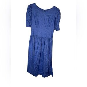 👗 Vintage 80s Expo Blue Puff Sleeve Cotton Midi Dress Size 8 (Fits Modern 2) 👗